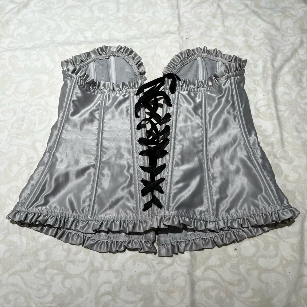 VICTORIA SECRET VINTAGE CORSAGE IN GREY/SILVER WITH BLACK RIBBON
